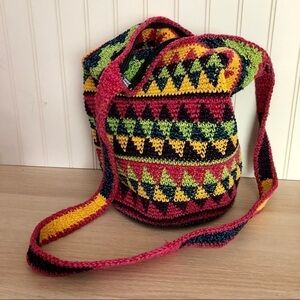 Boho Crochet Bucket Bag w/ Long Strap Colorful Stripes & Triangle Pattern EUC